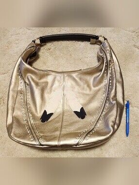Metallic Gold Hobo Bag with Feather Applique
